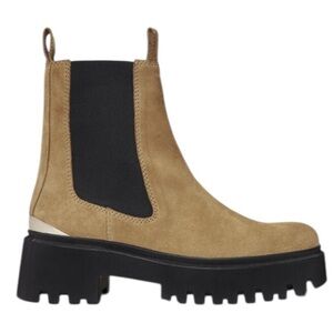 Maje Carmel Suede Platform Chelsea Boots Gold Metallic Heel 7 NWOB